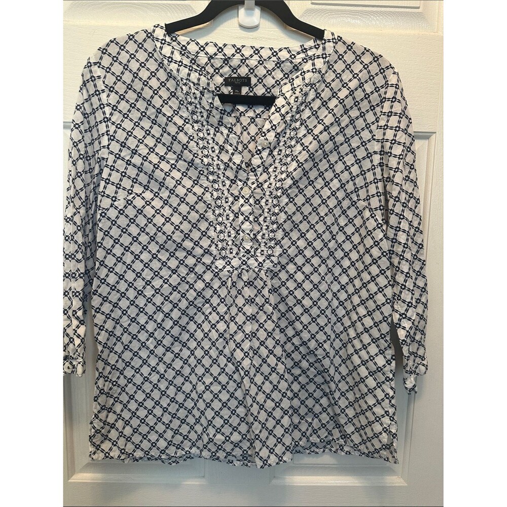 Talbots White and Navy 3/4 Sleeve 100% Cotton Lightweight Peasant Blouse MP